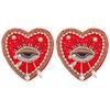 Handmade Polyester Cloth Patches, Sew On Patches, Plastic Imitation Pearl & Glass Beaded Heart with Weeping Eye, Red, 85x84x10mm