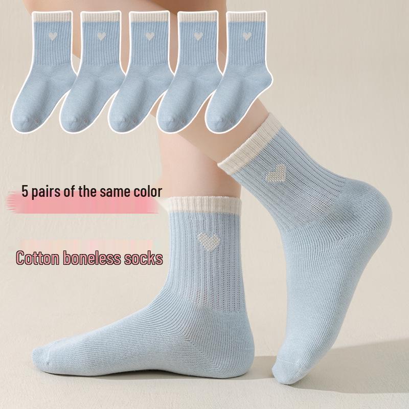 Girls’ Boneless Cotton Mid-Calf Socks - Breathable, Deodorant, Spring/Autumn Style