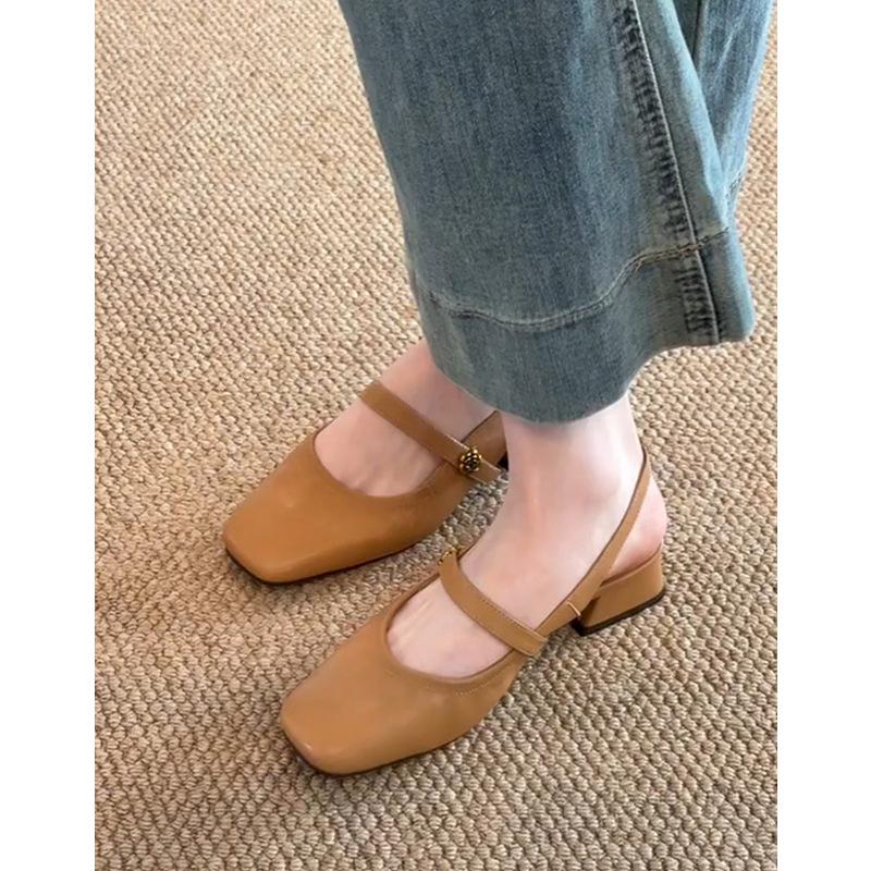 Sheepskin~ Leather single shoes French camellia one word with bag head sandals women's summer retro thick heel Mary Jane shoes