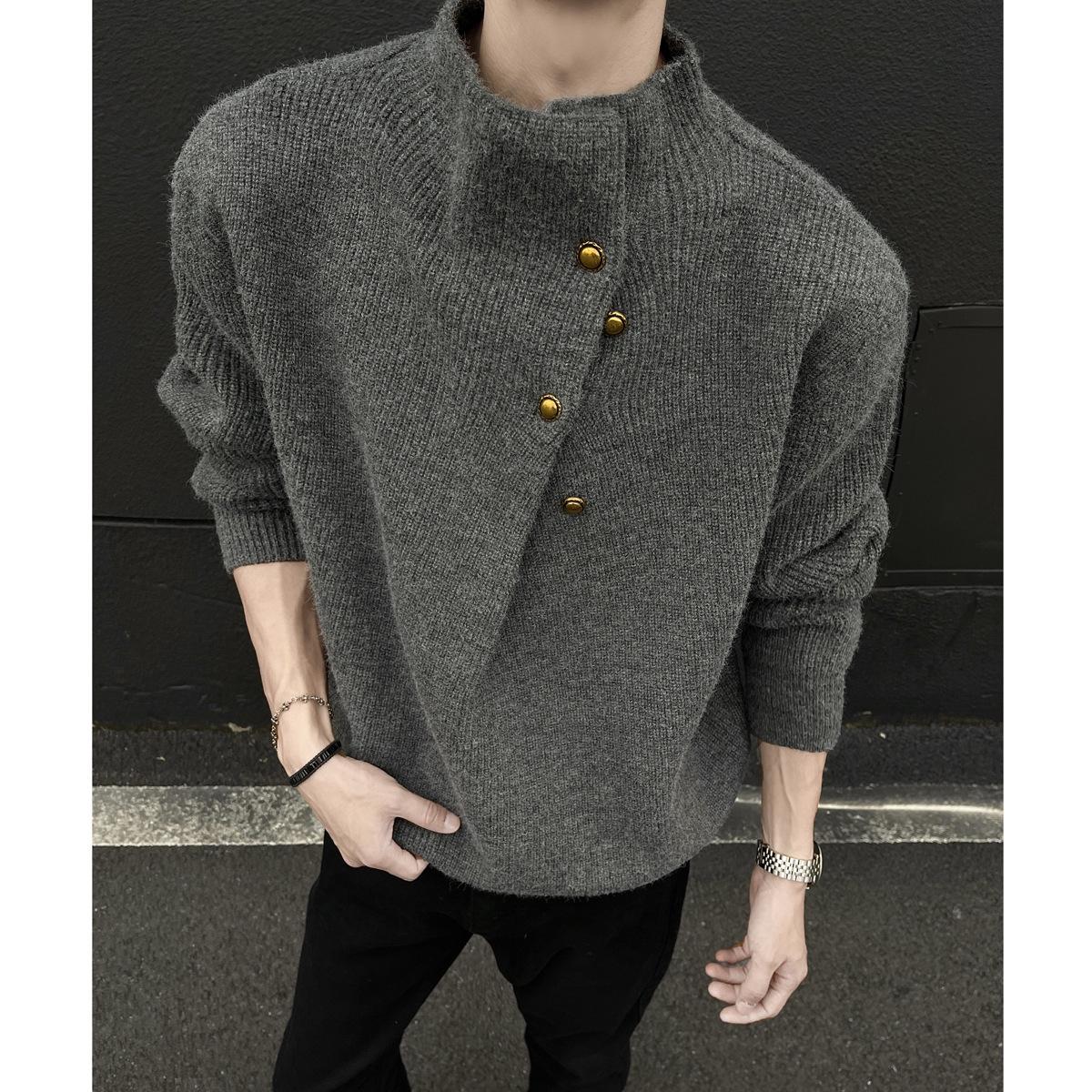 Korean Style Men s Oversized High Neck Sweater with Irregular Button Design XL