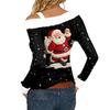 Women's Casual Fashion Sexy Off-Shoulder Collar Christmas Pattern Long Sleeve Crewneck T-Shirt Top