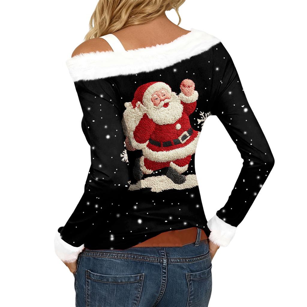 Women's Casual Fashion Sexy Off-Shoulder Collar Christmas Pattern Long Sleeve Crewneck T-Shirt Top