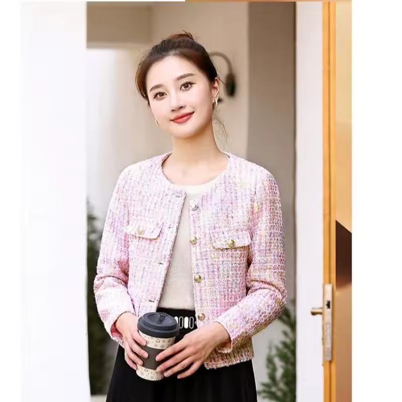 Lässige Damen Koreanische Süße Tweedjacke Mode Einfacher Langarmmantel Elegant Schlank Weiblich Schick O-Ausschnitt Offene Maschen Oberbekleidung