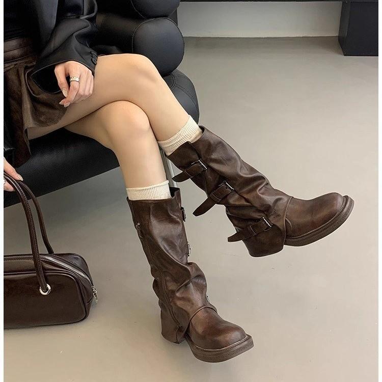 Belt buckle pleated thick-soled mid boots women's spring trousers western boots ins boots
