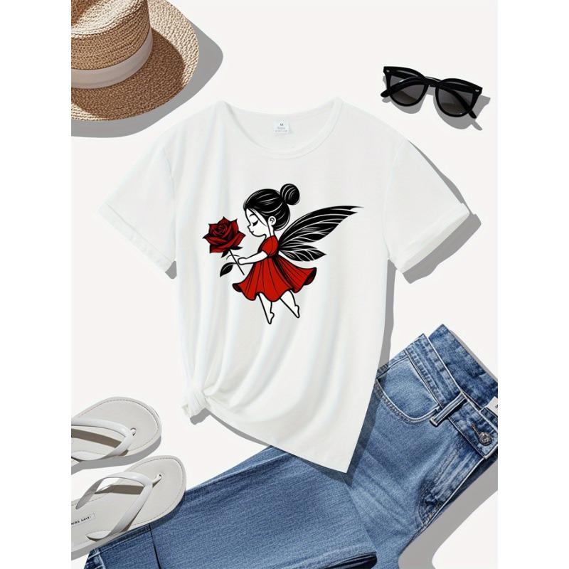 Rose Print, Fairy, Printed T-shirt, Casual Round-neck Short-sleeve Top, Suitable for Spring and Summer Wear, All-season, Women's Clothing