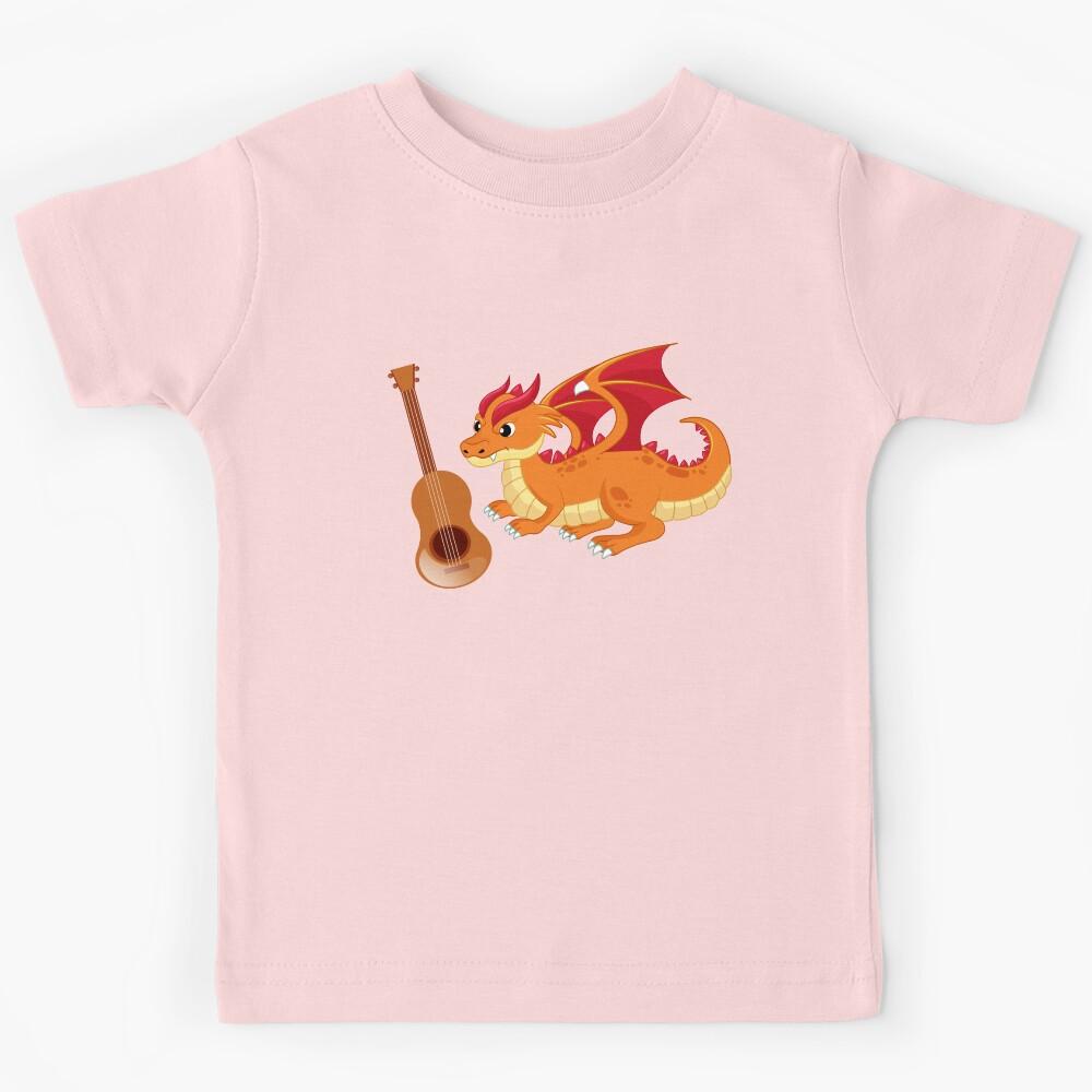 Dragon Playing Guitar ,Funny Good Dragon Guitar Lovers Orange Design Kids T-Shirt 150