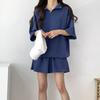 2 Pcs/Set Sweatshirt Shorts Set  Loose Solid Color Lapel Half Sleeves Pockets Elastic Waist Zipper Collar Breathable Soft Summer Tracksuit