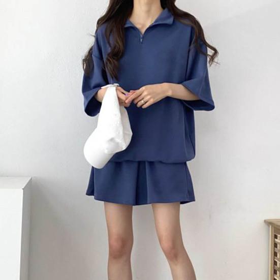 2 Pcs/Set Sweatshirt Shorts Set  Loose Solid Color Lapel Half Sleeves Pockets Elastic Waist Zipper Collar Breathable Soft Summer Tracksuit