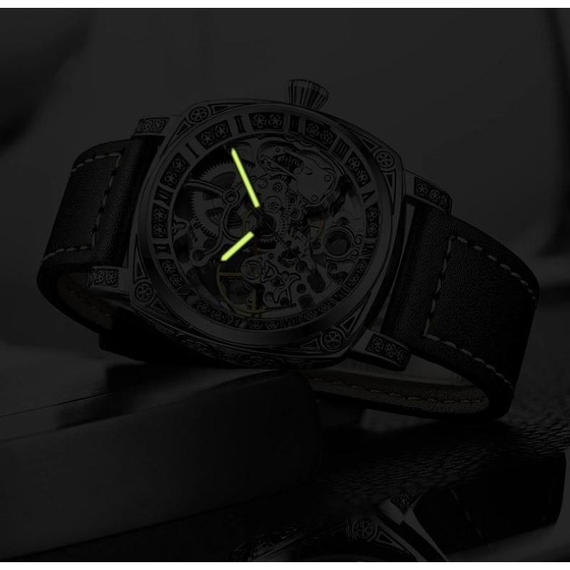 TEVISE Watches for Man Square Retro Mechanical Watch Self-Wind Carved Skeleton Automatic Watches Vintage Leather Strap Wristwatch