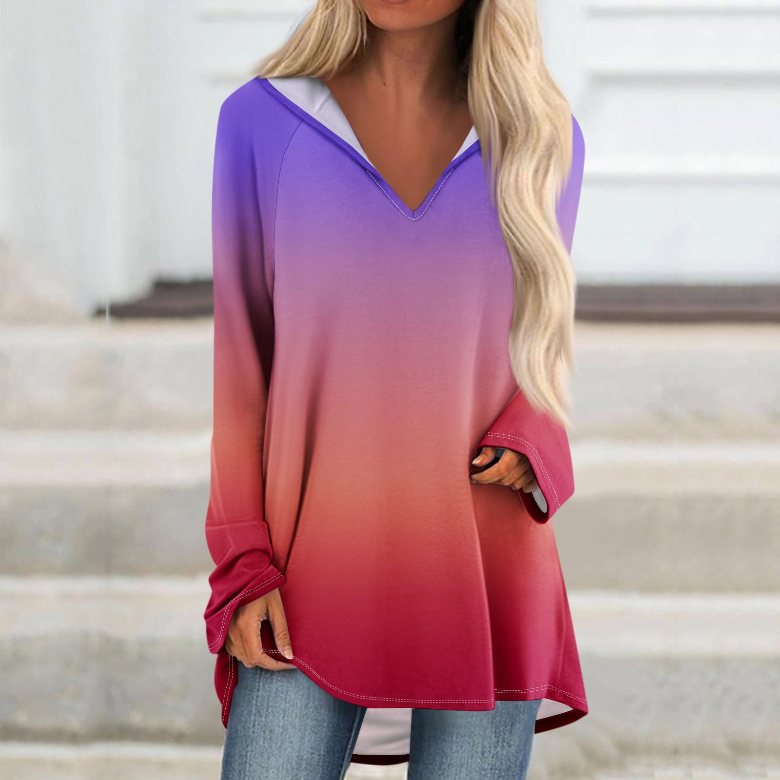 Женские свободные топы с V-образным вырезом и капюшоном с длинными рукавами — фото 11