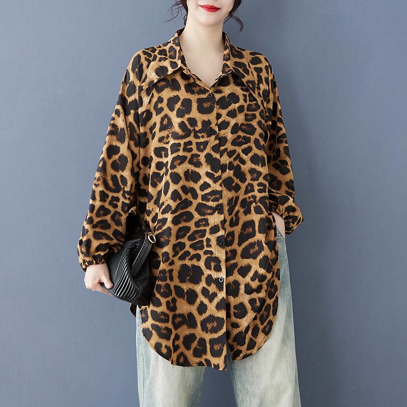 DIMANAF 2025 Dámská Letní Nadměrná Košile Blůza Dlouhý Rukáv Knoflíky Módní Leopardí Topy Trička Volná Nová Blůza
