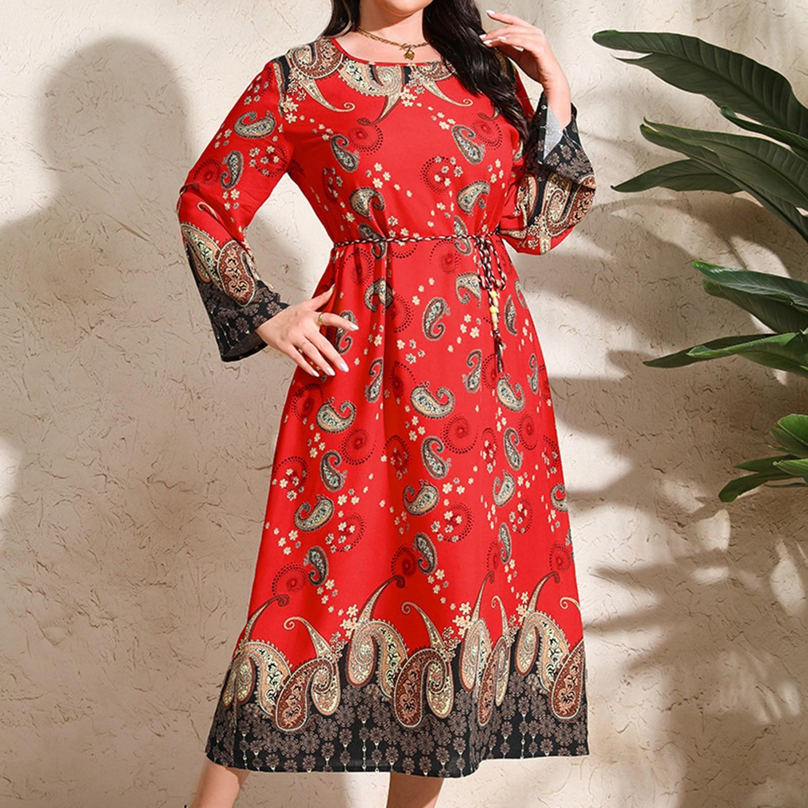 

Женское платье большого размера с этническим принтом и длинными рукавами, свободная длинная юбка с кешью XXXXXL красный