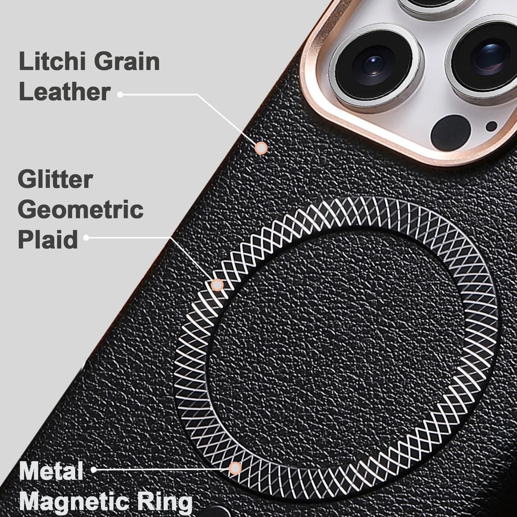 Luxury Business Magnetic Attachment Lychee Grain Leather Case for iPhone 17 Pro Max 16 15 14 13 for Magsafe Shockproof Cover