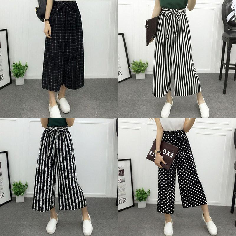 Women High Waist Elastic Striped Culotte Pants With Elegant Wide Leg Flare Design For Casual Wear