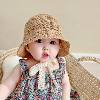Summer Beach Sun Protection Cap for Kids Women's Straw Woven Fisherman Cap Ins Korean Style Baby Sunshade Pot Cap for 1-3 Years
