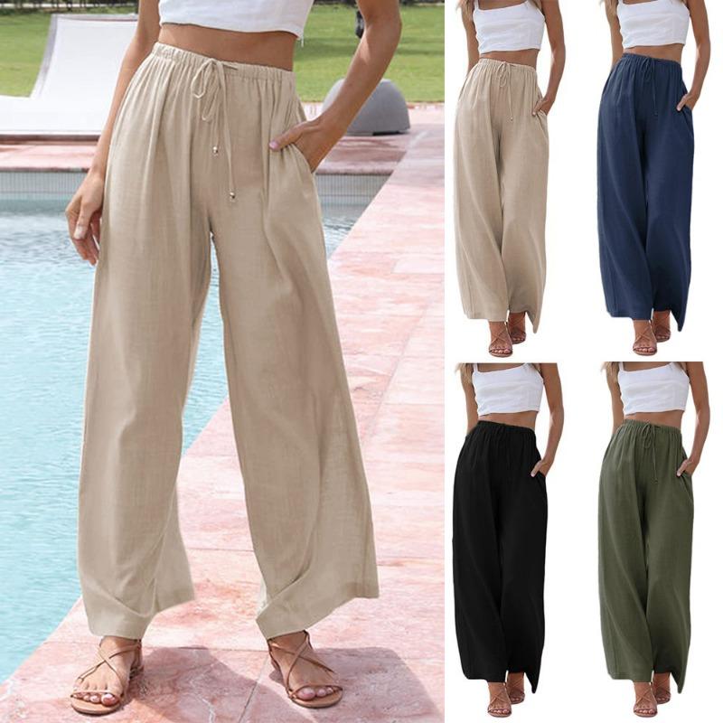 Women's Drawstring Waist Wide Leg Pants Casual Loose Linen-Look Trousers with Pockets