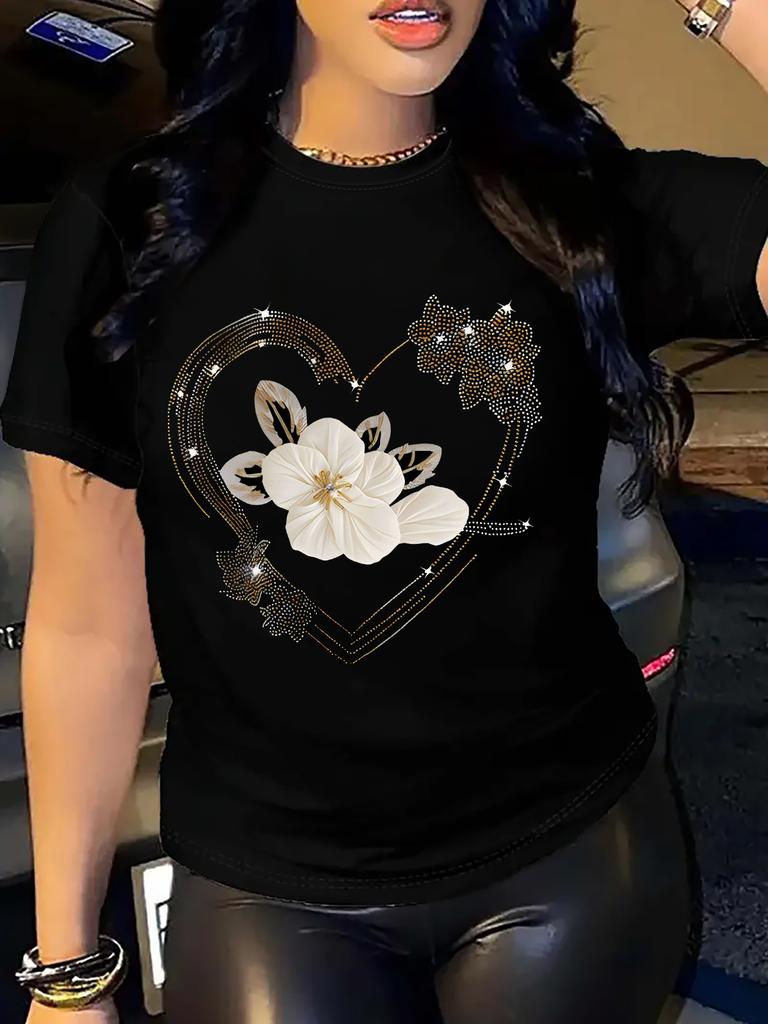 Women's Casual Short Sleeve T-Shirt Comfort Fit with Heart Floral Print Simple Design Showing Natural And Elegant Style