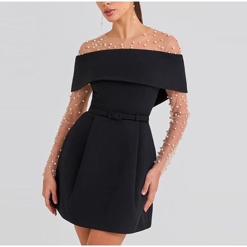 Women Simple Patchwork Off The Shoulder Party Dress Spring Summer Short Sleeve Mini Dress Slash Neck Solid Color Ladies Dress