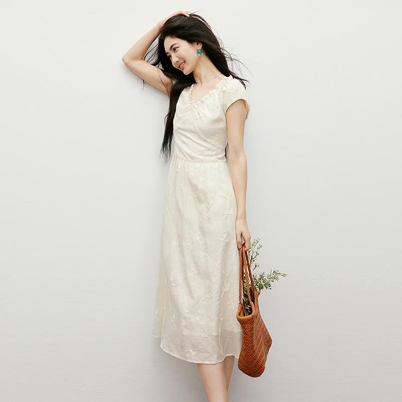 Heavy Industry Chain Embroidered Waist Elastic Lace V-neck Dress