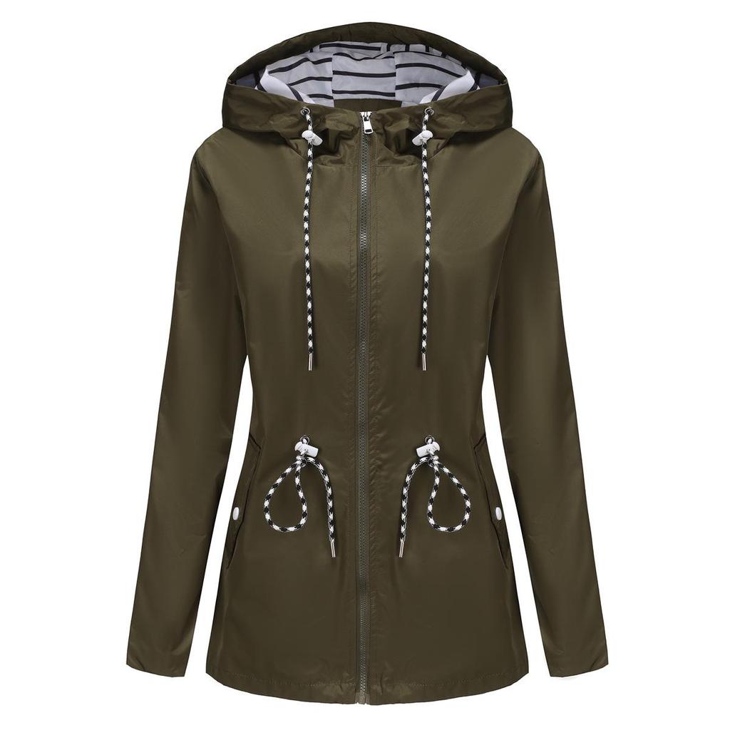 2025 Damen Wasserabweisender Trenchcoat mit Kapuze und gestreiftem Futter - Langärmlig, Mittellang, Übergröße.