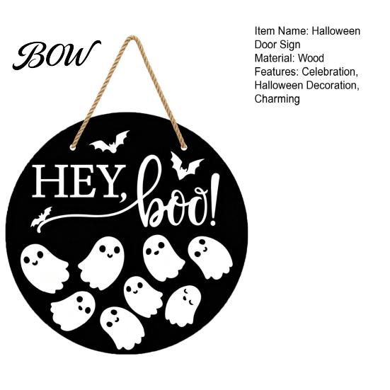 Spooky Door Decor Halloween Hanging Sign, Wooden Front Hanger Wreath, Cute Fall Festival Ghost Welcome Sign for Porch Wall Indoor Home Decoration