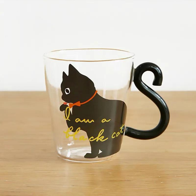 1PCS Cute Cat Glass Juice Coffee Cup Milk Tea Coffee Glass Mug Cat Tail Handle Cat Valentine's Day Lover Gifts Stainless Spoon