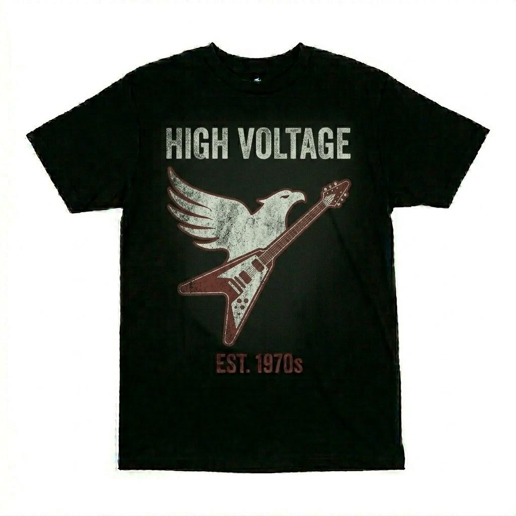 Vintage High Voltage Rock T-Shirt Eagle Guitar Graphic Tee Retro 70s Style Black Unisex T-Shirt S