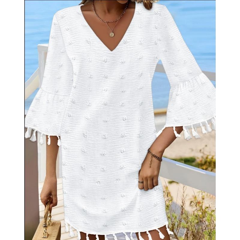 JKASHDK Mode femme été printemps couleur unie imprimé manches 3/4 col en v taille ample robes décontractées