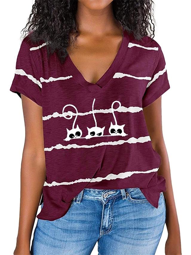 

Fashion Spring Kitten Print Blouses Short Sleeved V-Neck T Shirts Casual 8XL коричневый