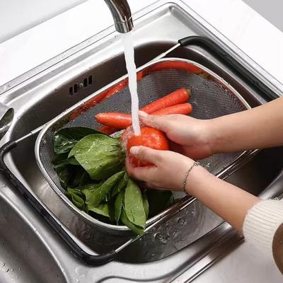 Sink Drain Basket Stainless Steel Mesh Strainer with Telescopic Double-Ear Handle Sink Basket Large Capacity Kitchen Colander for Washing And