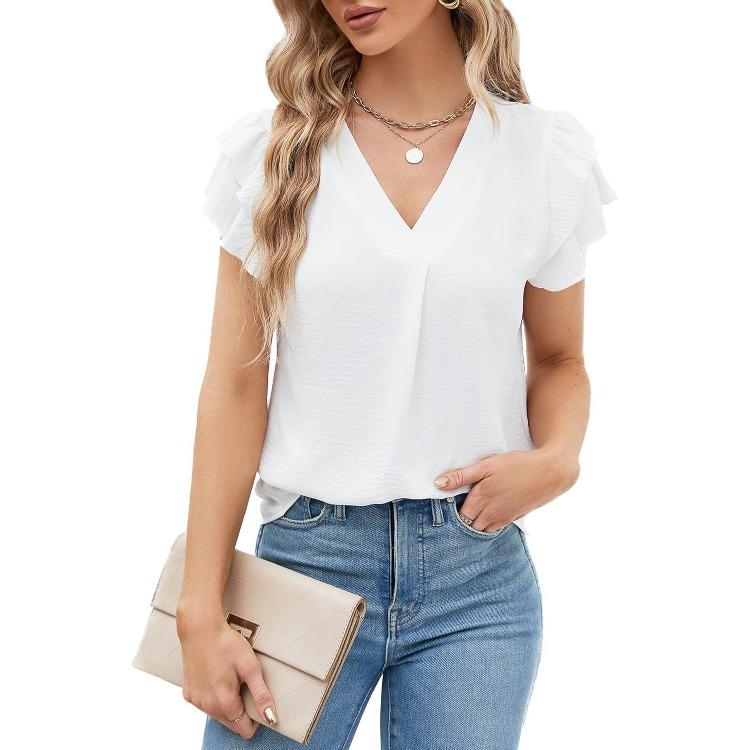 

Light Blue V Neck Short Sleeve Top with Ruffle Shoulder Decorations XXL білий