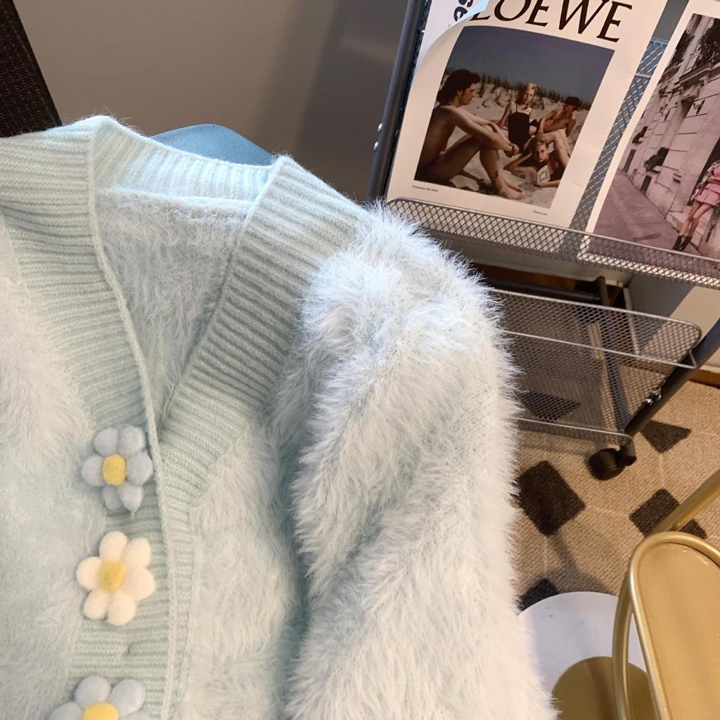 Jarní a podzimní pletený kardigan Imitace norkové fleecové mikiny Sladká barva bonbónu Květinový design Módní Malý invazivní temperament Dámský kabát