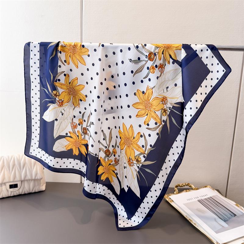 Flower Polka Dot Printing Imitation Silk Scarf Square Scarf High-End Shawl Versatile Neck Small Square Scarf Headscarf Scarf Women