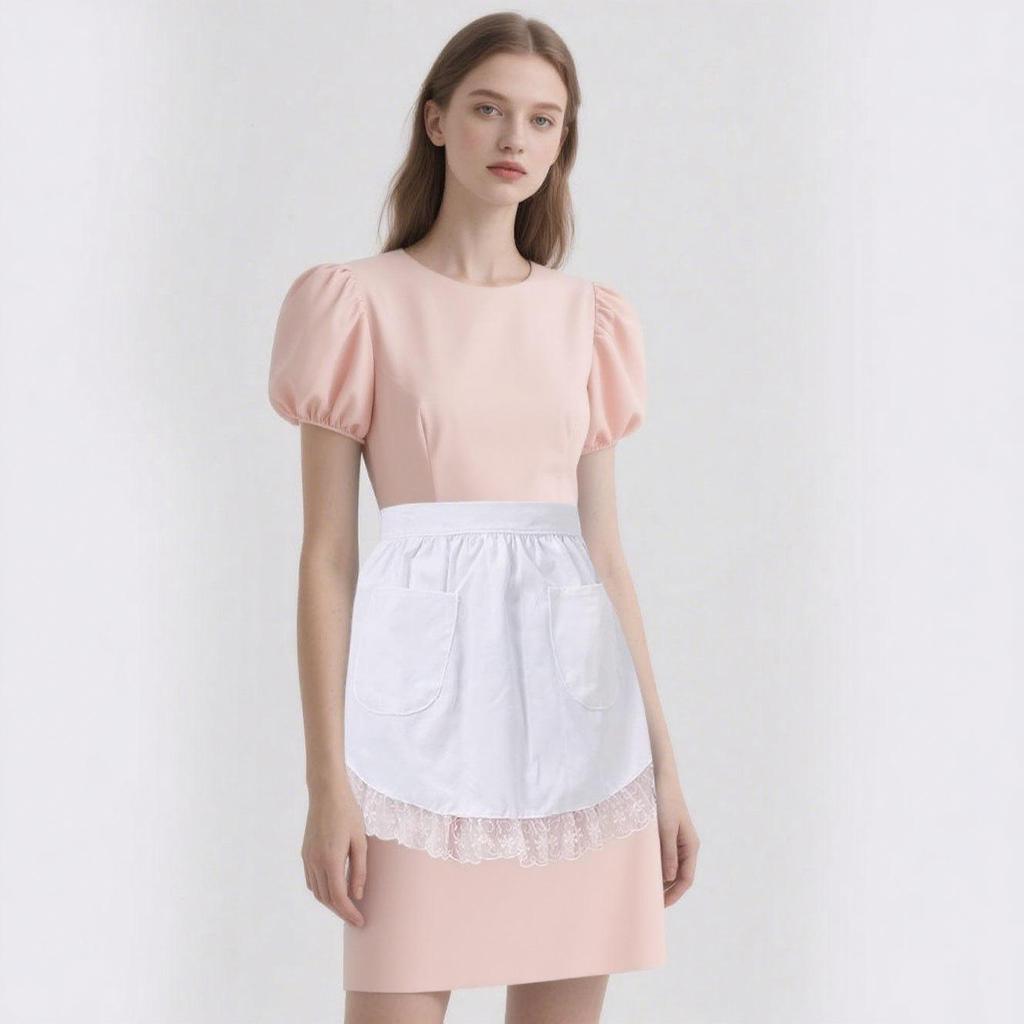 Europäischer Stil Reinweiße Prinzessin Halbkörper-Schürze mit Rüschenkante und Doppeltaschen.