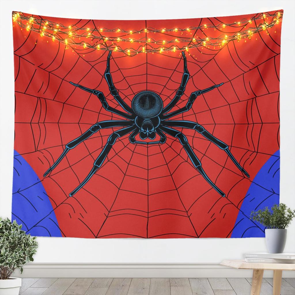 Spider Web Tapestry, HD Print with Red & Blue Web Pattern & Black Spider, Wall Decor for Bedroom, Cool Bohemian Style