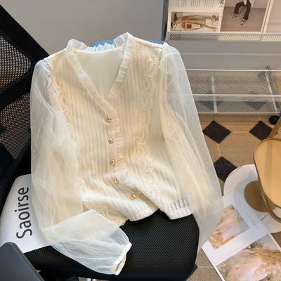 Autumn New Long Sleeve Lace Cardigan Collar Top Sweet Thin Knitted Shirt Women
