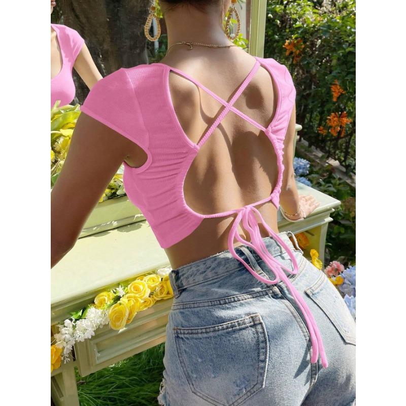 Ladies Summer V-neck Backless Sexy Short Sleeve T-shirt