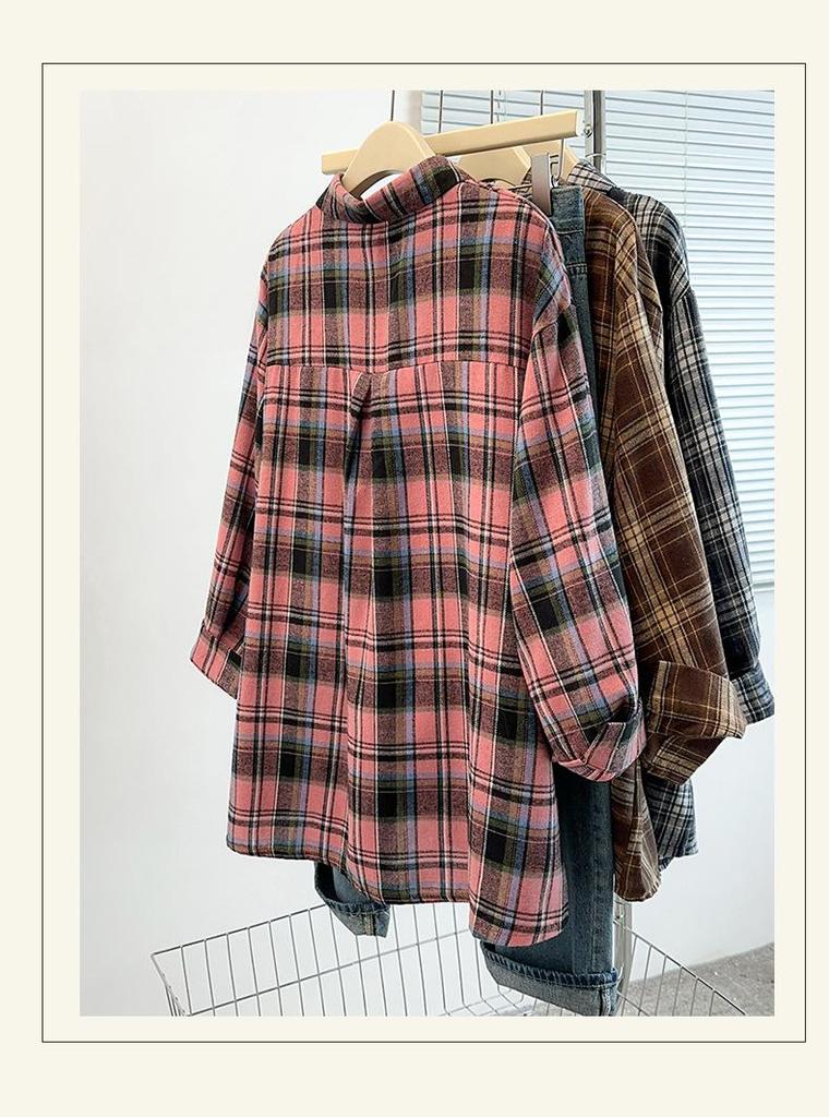 2025 Autumn Plus Size Retro Plaid Long Sleeve Loose Shirt Cardigan