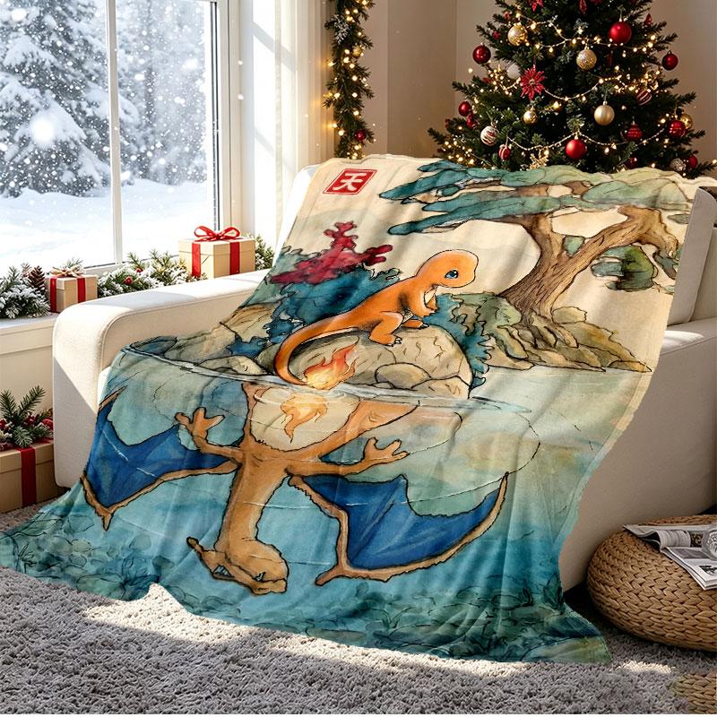 Charizard VS Blastoise Pattern Blanket for Home Decoration, Bed, Sofa, Car Travel, Camping, Suitable for All Seasons, Birthday Christmas Gift