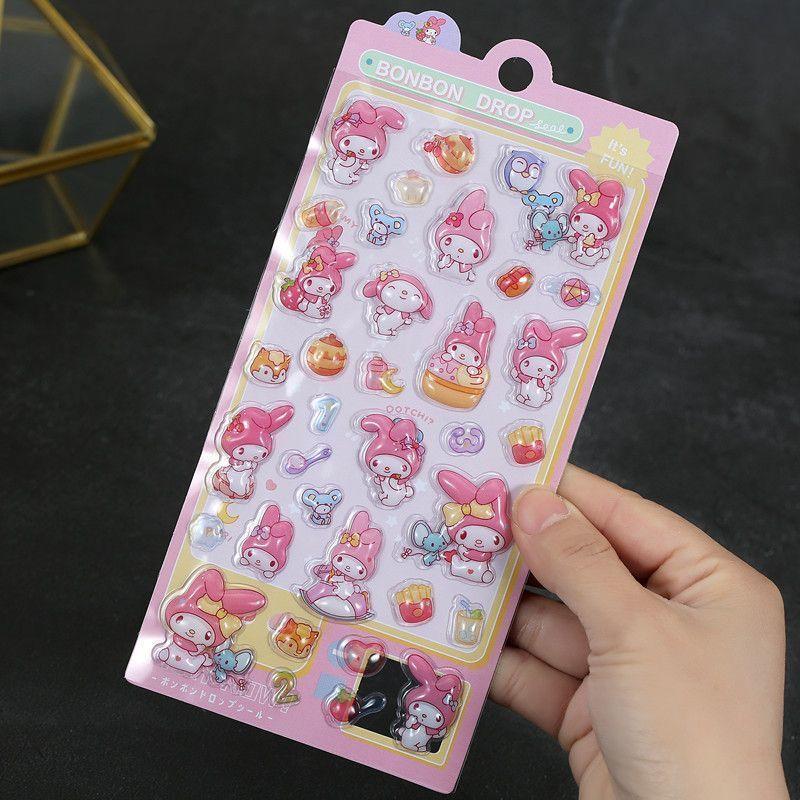 Kawaii Kuromi Stickers Cute Cartoon Anime Cinnamoroll Melody Pochacco 3D Relief Waterproof Doll Children Toy Girl Gift Wholesale