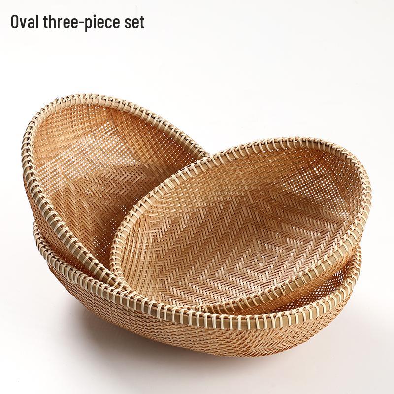 Handmade Bamboo Woven Basket for Fruits and Snacks - Round Living Room Storage Tray