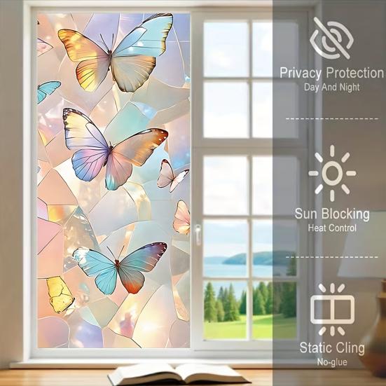 Window Privacy Film Stained Glass Flower Butterfly Decorative Window Sticker Heat Control Non-Adhesive Static Glass Cling for Home Bathroom Kitchen