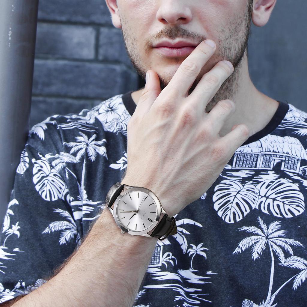 BUREI Analog Quartz Leather Gift Men's Watch, Waterproof, Popular, Simple, Stylish, Business, Casual, Strap, (Silver, Black, Leather)