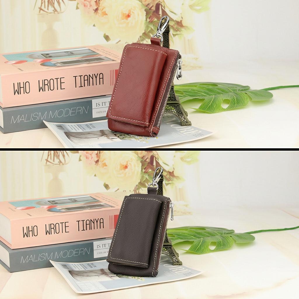 Multifunctional Key Organizer Genuine Leather Coin Pocket Key Holder With Zipper Pocket Top Grain Trifold Key Wallet