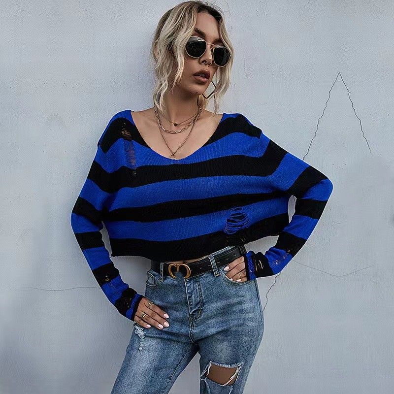 

Fashion Stripes V-neck Loose Short Ripped Sweater Striped V-neck Loose Hole Sweater Blue S