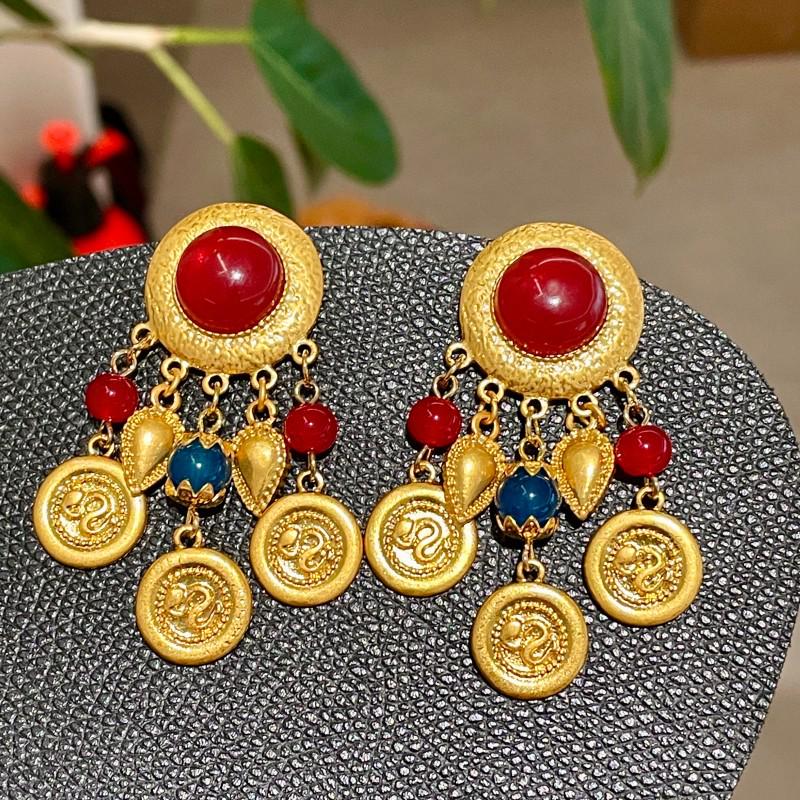 Vintage Retro Colorful Crystal Tassel Earrings with Heart and Coin Pendants for Women