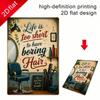 Life's Too Short for Boring Hair – Vintage Barbershop Tin Sign, 2D Metal Wall Art, Funny Quote Decor