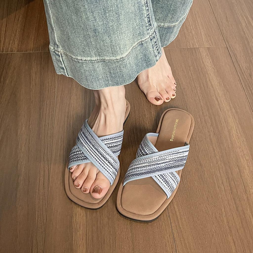 Retro flat-bottomed woven cross-strapped slippers women's summer outer wear design sense niche cool slippers
