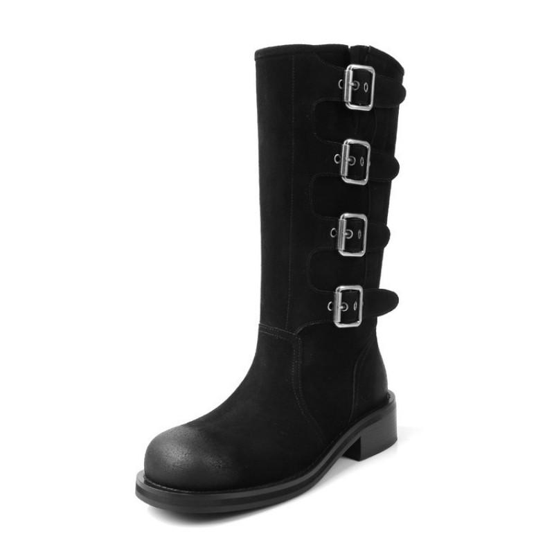 Womens Retro Buckle Biker Boots Square Toe Chunky Mid Heel Knee High Suede