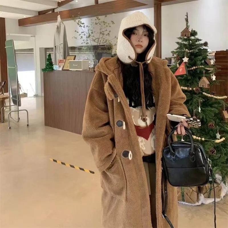 Horn Button Lamb Wool Long Coat for Women Autumn and Winter Lamb Velvet College Style Warm and Slim Hooded Coat